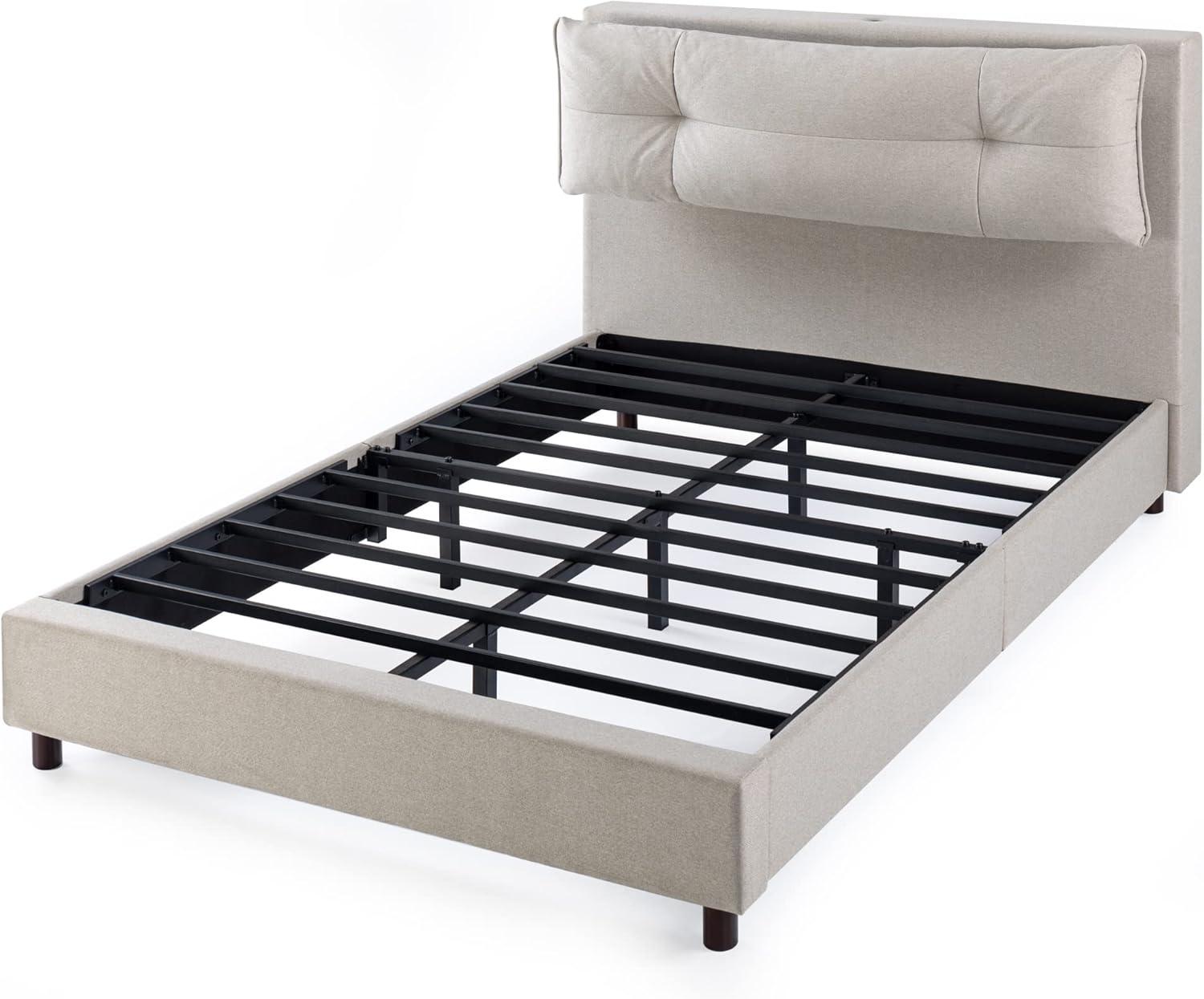 Zinus 39" Avery Platform Bed, Reclining Fabric Headboard and USB Ports, Beige, King