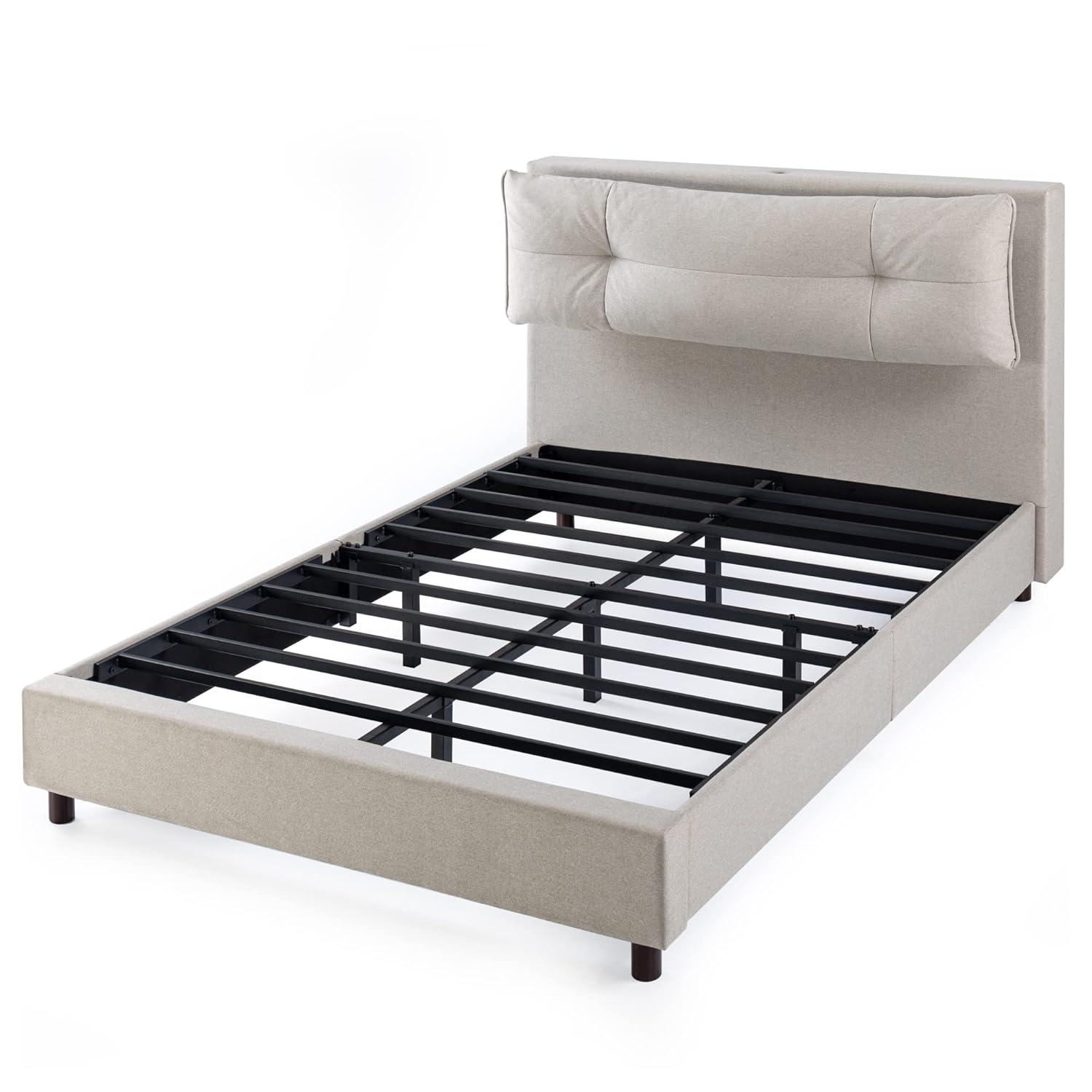 Zinus 39" Avery Platform Bed, Reclining Fabric Headboard and USB Ports, Beige, King