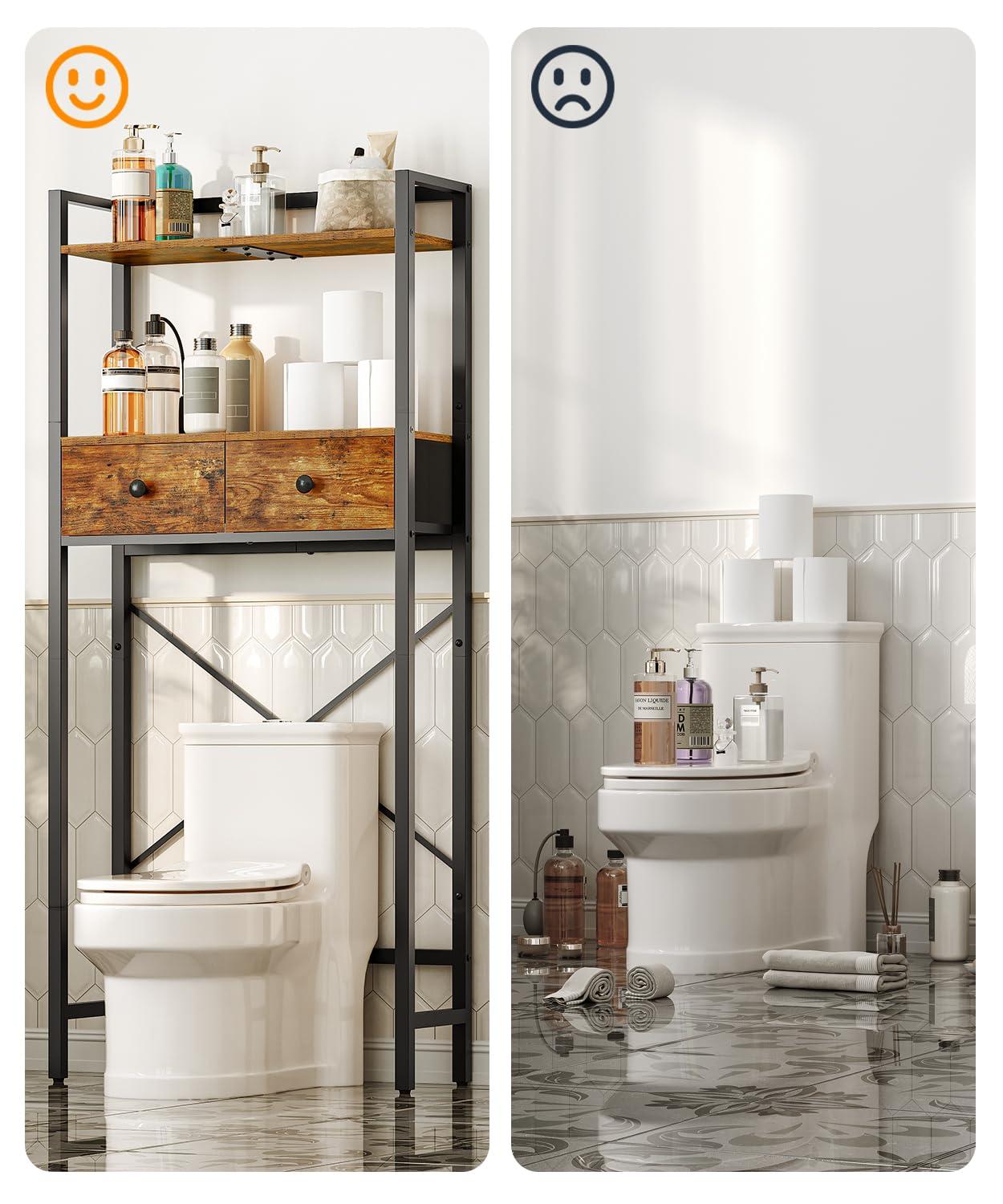 HOOBRO Over-The-Toilet Storage Rack with 2 Drawers, 3-Tier Bathroom Organizer Shelf Over Toilet, Freestanding Toilet Shelf, Storage Cabinet, Rustic Brown and Black BF47TS01