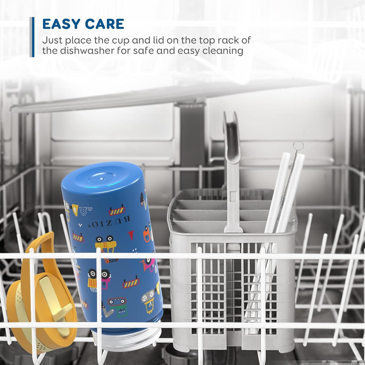 Buzio Insulated Water Bottle with Straw for Kids, 2 Lids Double Vacuum Metal Water Bottle, 14 Ounce, Blue Shark