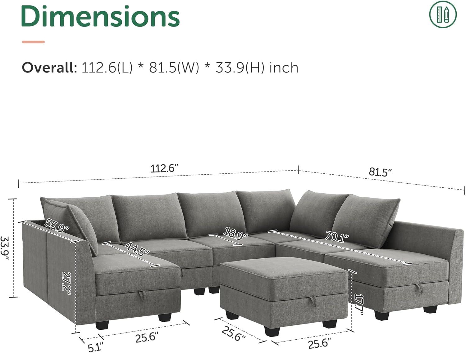 HONBAY U Shape Modular Sectional Sofa with 7 Seaters Sofa Couch with Storage Reversible Chaises, Grey