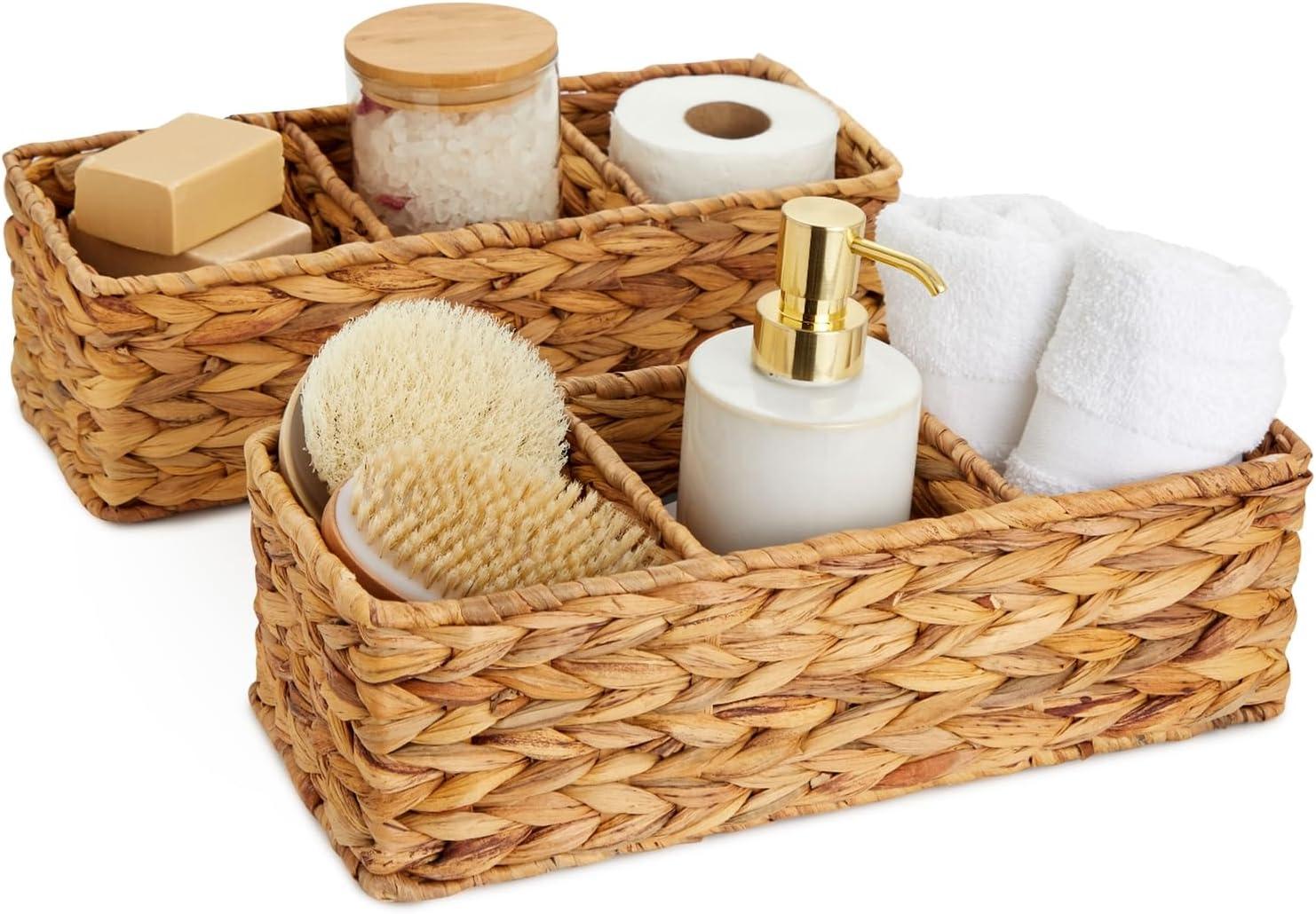 Farmlyn Creek 3-Section Wicker Baskets for Shelves, Water Hyacinth Storage Baskets for Bathroom Organizing, 2-Pack