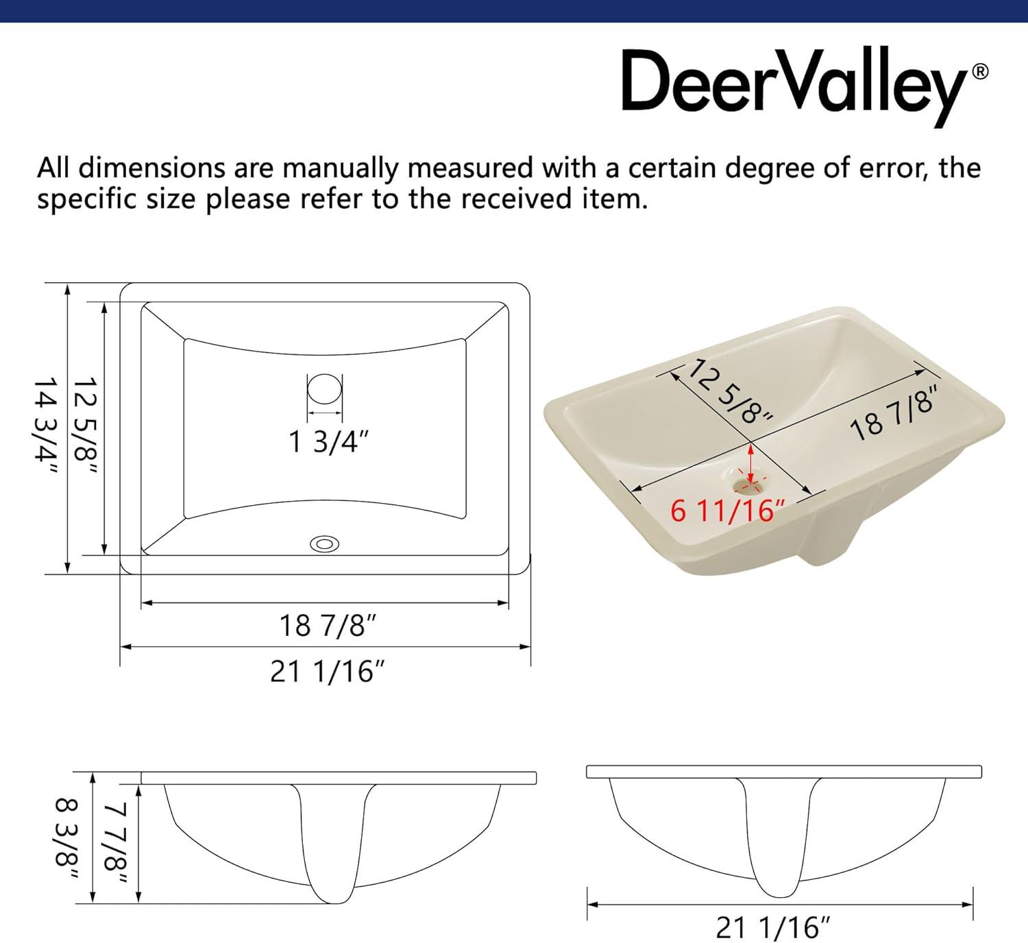 DeerValley Ally 21" x 15'' Undermount Bathroom Sink, Rectangular Bathroom Sink with Overflow