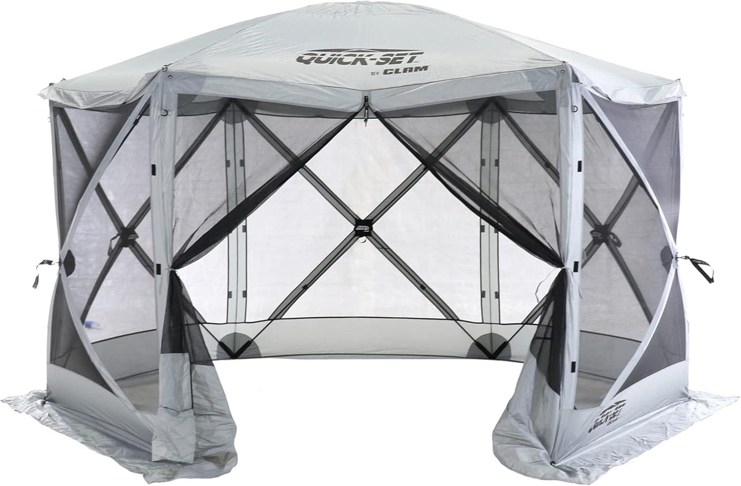 CLAM Quick-Set Escape 11.5 x 11.5 Ft Portable Pop-Up Outdoor Camping Screen Tent 6-Sided Canopy Shelter w/ Netting, Ground Stakes, & Carry Bag, Gray