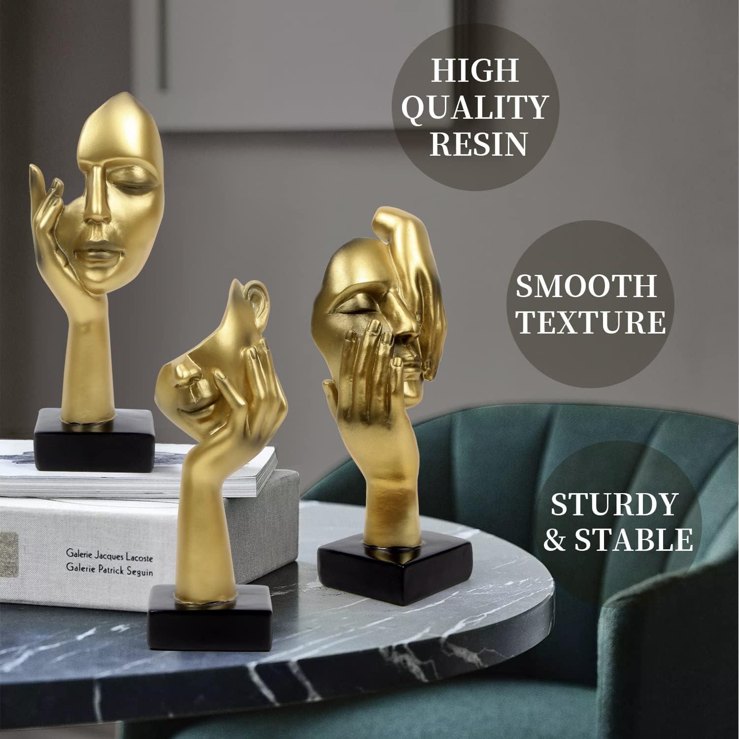 Modern Abstract Thinker Statue Set of 3 Gold Statues 6.48"/1.96"/6.88" Home Office Decor Collectible Figurines