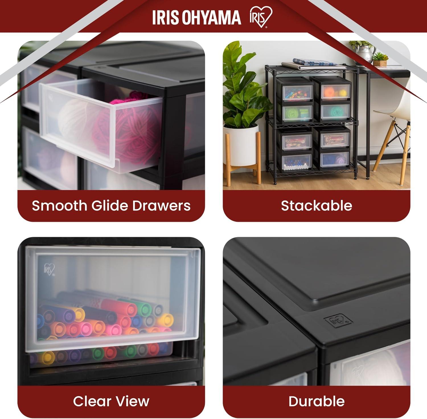 IRIS USA 4Pack 6qt Plastic Compact Stackable Storage Drawers, Black