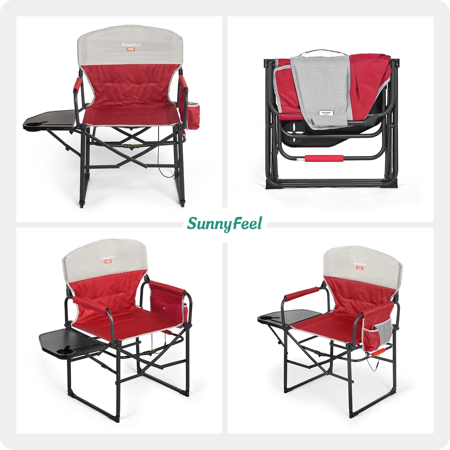 Red and Black Heated Steel Folding Directors Chair with Storage