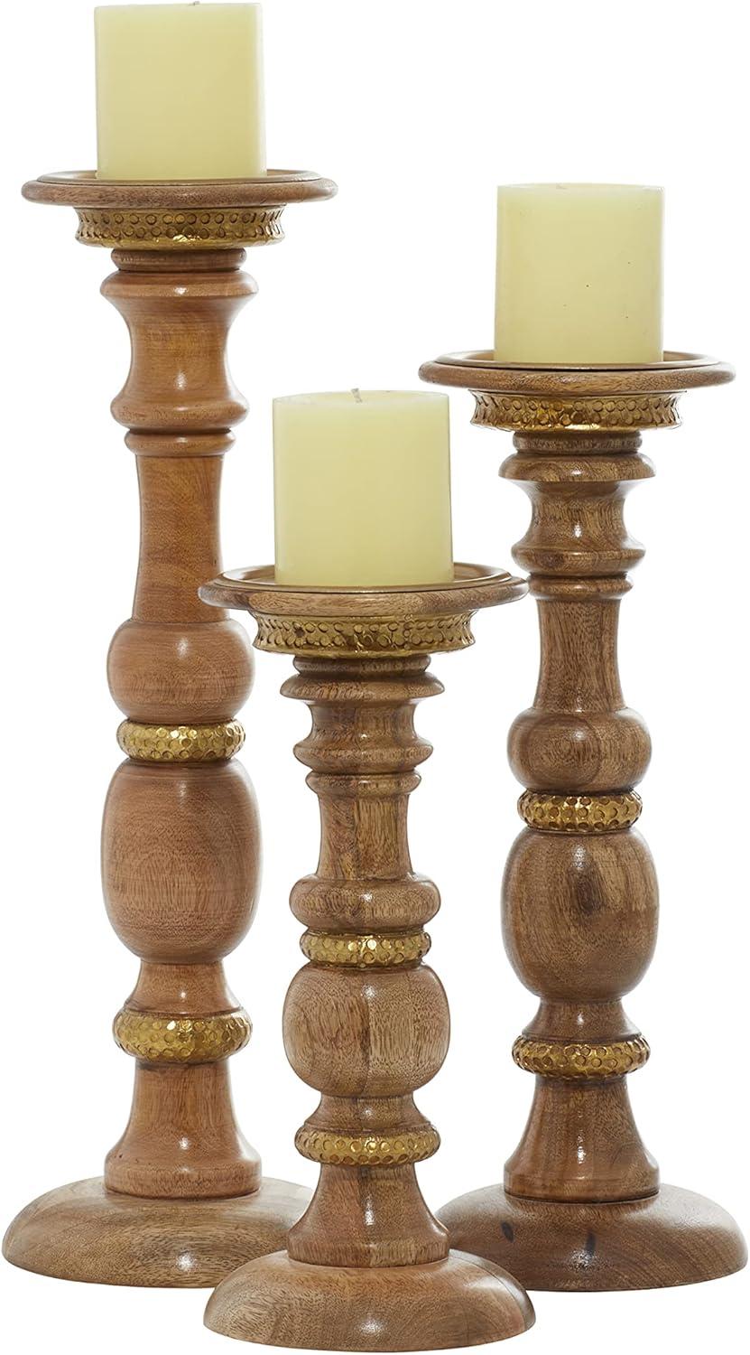 DecMode 18", 15", 12"H Wood Natural Candle Holder, Brown, 3 - Pieces