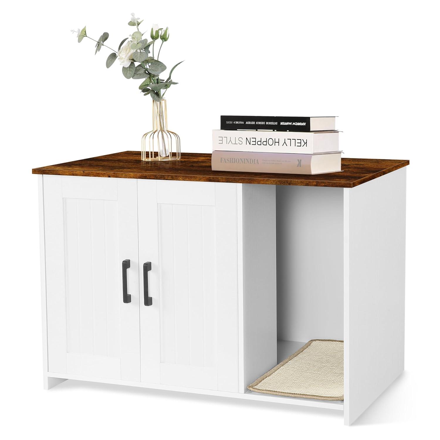 Litter Box Enclosure, Cat Litter Box Furniture Hidden, With Scratching Mat, Wooden Cat Washroom Indoor, Fit Most Of Litter Box, 31.5" L X 19.7" W X 21.7" H, White + Warm Brown