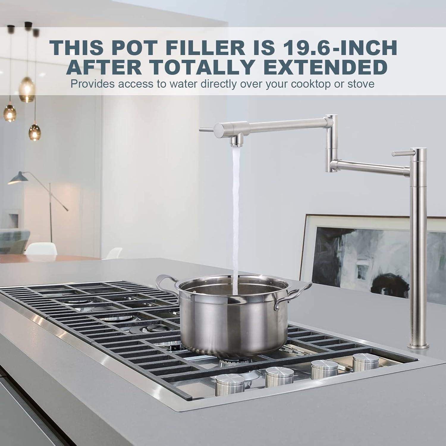 WOWOW Pot Filler Faucet Deck Mount Stove Faucet, Solid Brass Pot Filler Brushed Nickel Kitchen Folding Faucet with Stretchable Double Joint Swing Arm (Modern Style, Brushed Nickel)