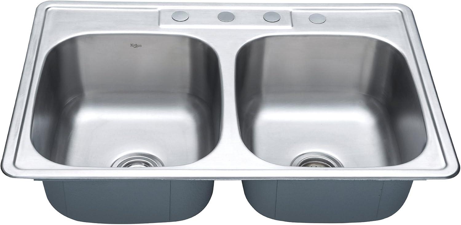 KRAUS 33 inch L Topmount 50/50 Double Bowl 18 Gauge Stainless Steel Kitchen Sink with NoiseDefend Soundproofing