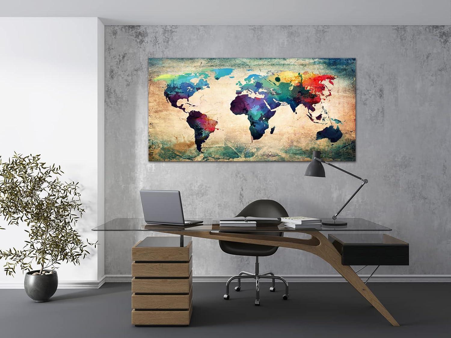 Baisuwallart A62075 Abstract World Map Canvas Painting Vintage Posters and Prints Colorful Wall Art Wall Pictures Artwork Framed Ready to Hang for Living Room Bedroom Office Home Decor 30x60inch
