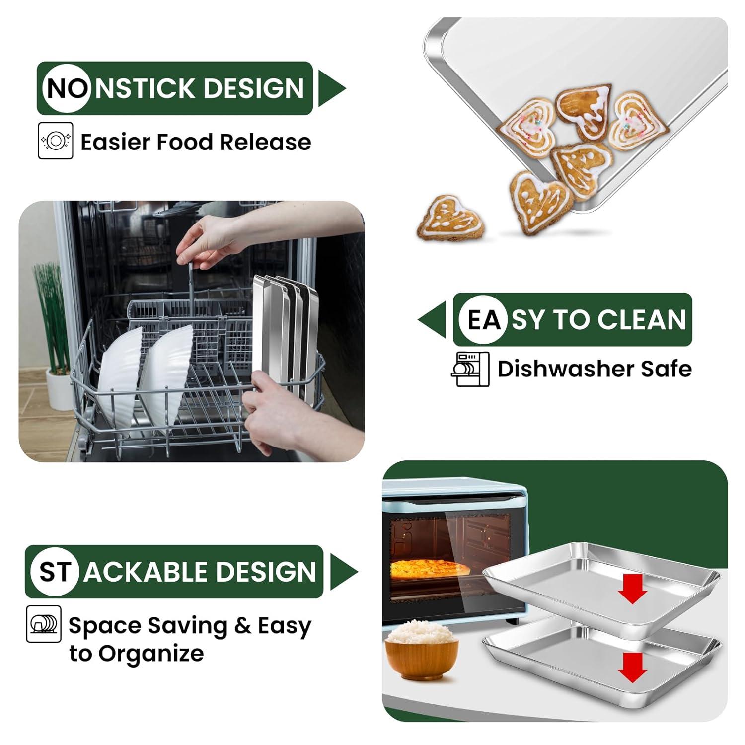 Baking Sheet with Rack Set [2 Pans + 2 Racks ] HKJ Chef Stainless Steel Cookie Sheet Baking Pan Tray with Cooling Rack, Size 9x7x1 Inch, Non Toxic & Heavy Duty & Easy Clean