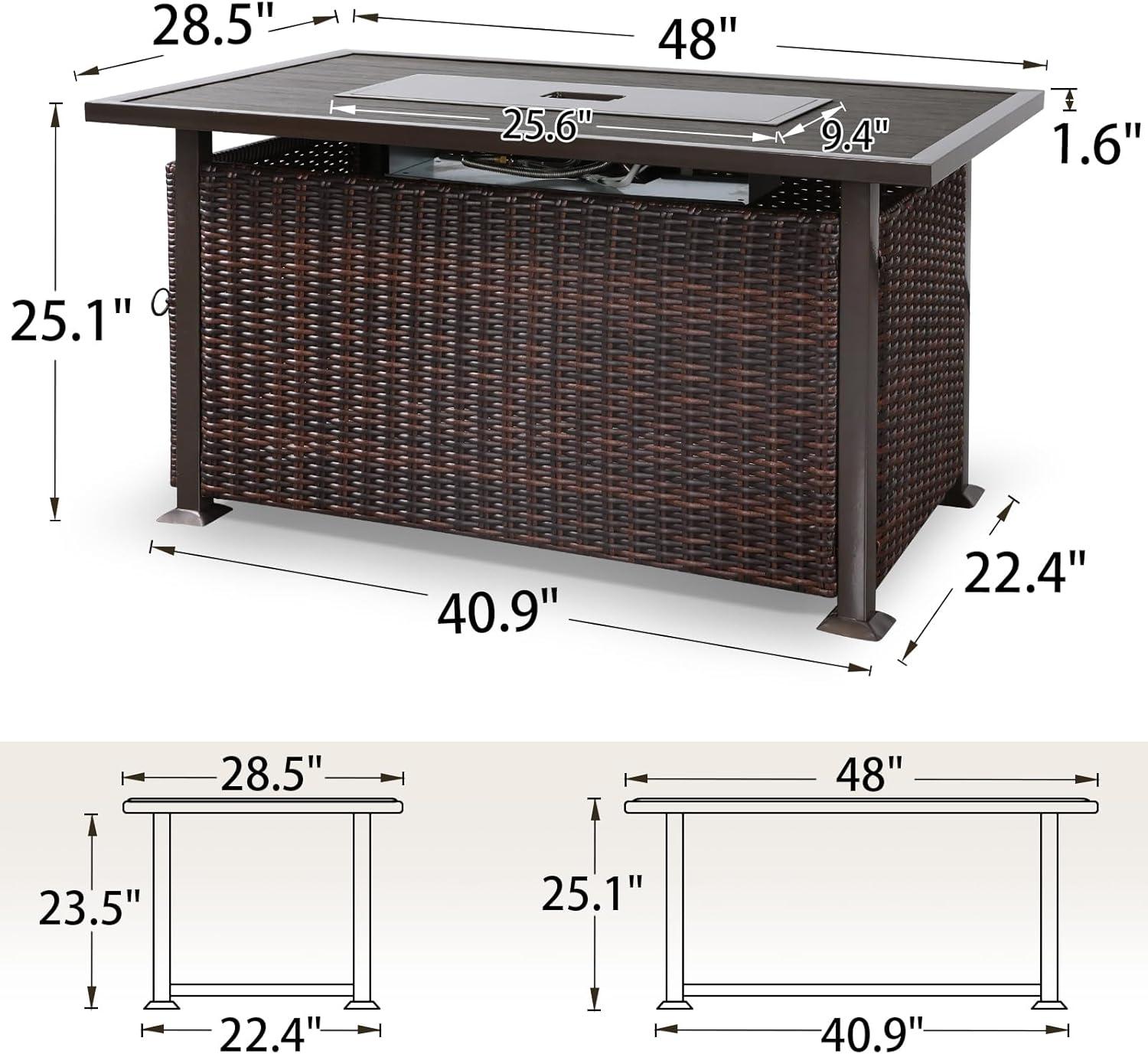 Brown Rectangular Gas Fire Pit Table with Wicker Design