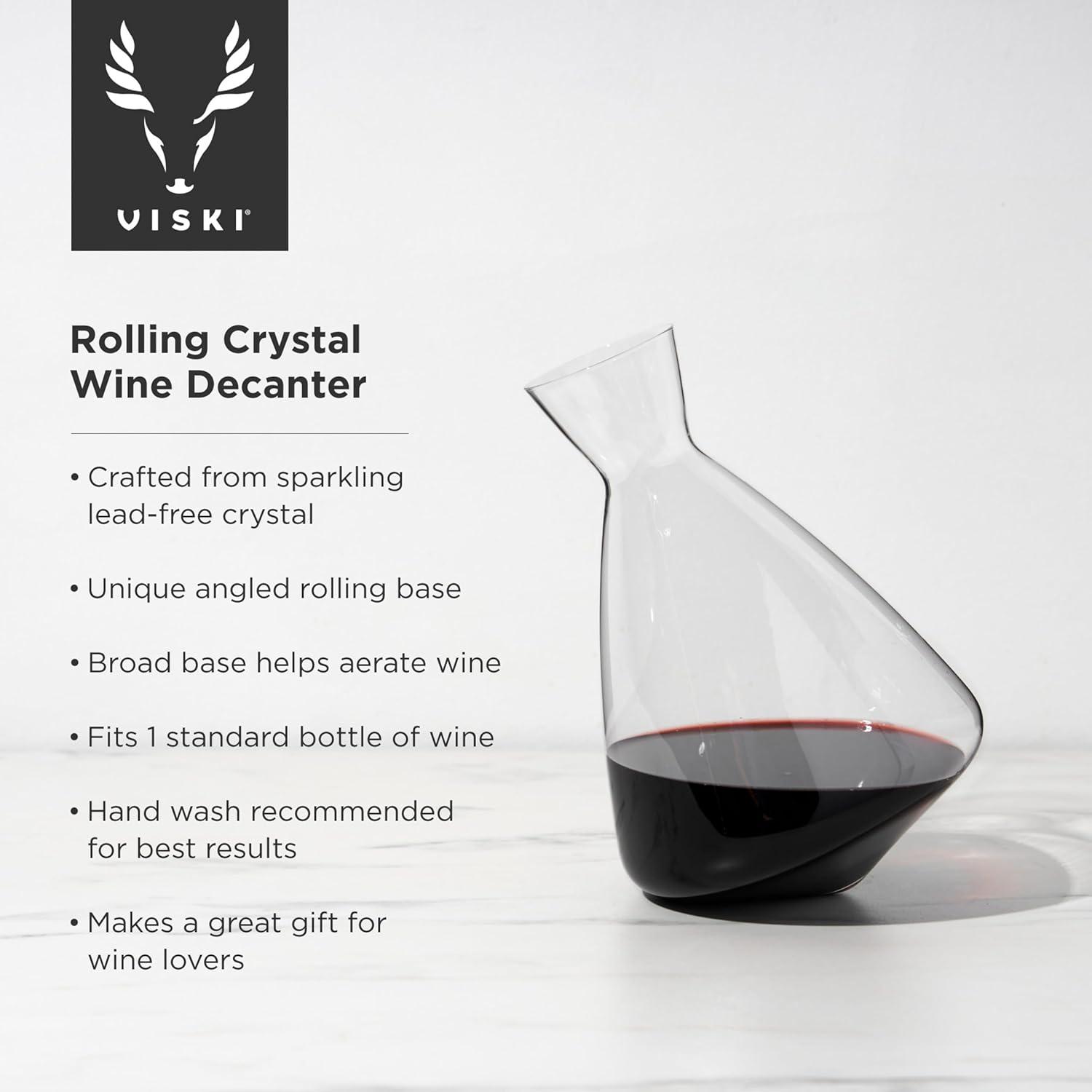 Viski Rolling Wine Decanter Set of 1 - Modern Crystal Wine Decanter for Red or White Wine, Stunning Gift - 75 oz, Clear Finish