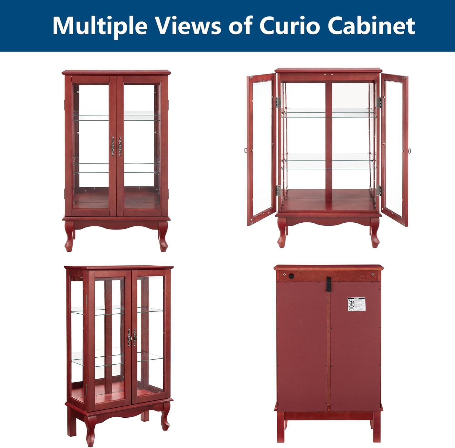 Miniyam Lighted Curio Display Cabinet with Tempered Glass Doors,Curio Cabinets with Mirrored Back Panel and Adjustable Shelves,Bulb Included,Cherry