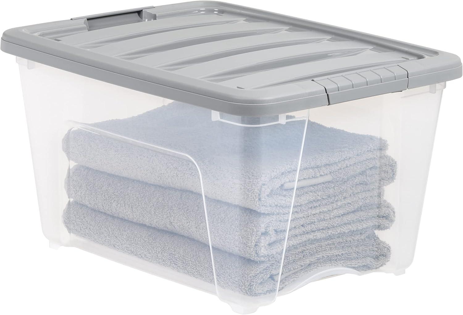 32 Quart Stackable Plastic Storage Bin with Latching Lid- Clear/ Grey- Pack of 6