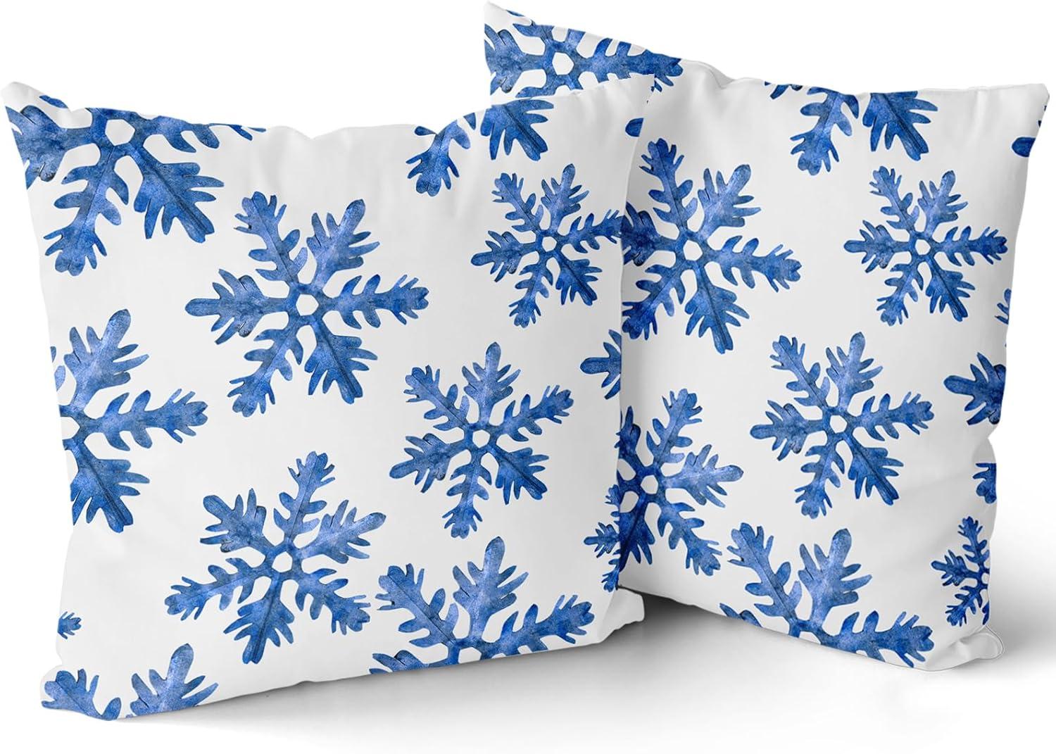 Set of 2 Merry Christmas Decorative Pillow Covers 18x18 inch,Blue Snow Winter with Snowflakes Falling White Crystal Double Sided Throw Pillow Covers Sofa Cushion Cover