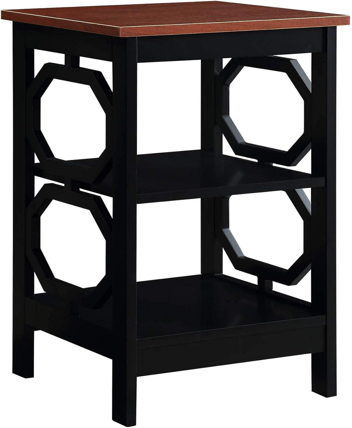 Round Cherry & Black Wood Omega End Table with Shelves