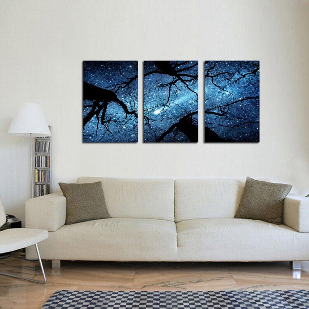 KREATIVE ARTS Night Starry Sky Surrounded Trees Forest Canvas Wall Art Prints Landscape Canvas Picture Wall Decal Home Decoration Ready to Hang 16x24nichx3pcs
