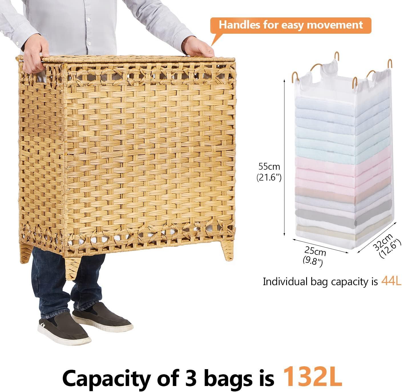 Natural Wicker Laundry Hamper with Lid and Liner Bags