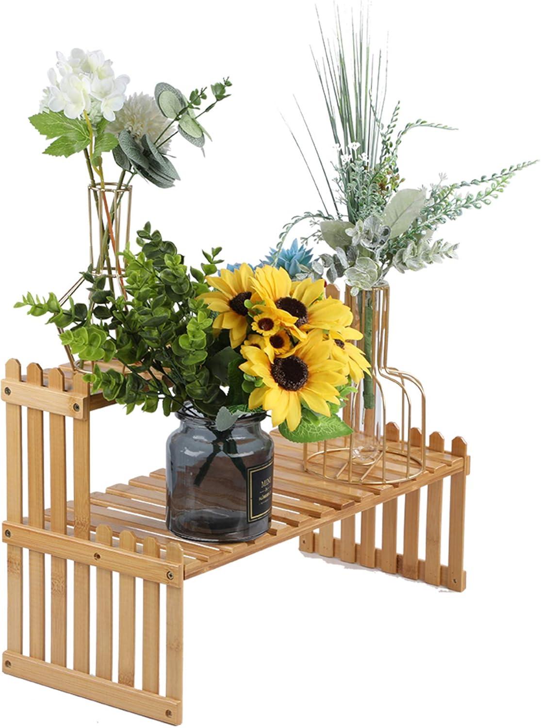 Adjustable Bamboo 2-Tier Rectangular Plant Stand Shelf