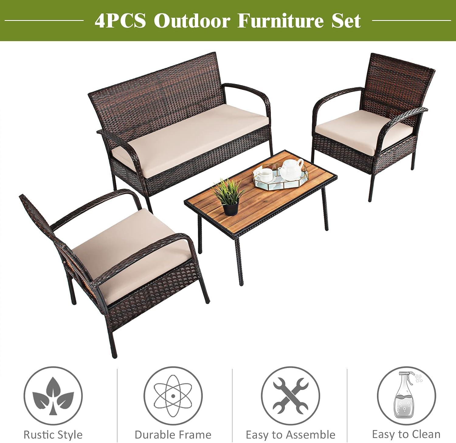 Tangkula 4PCS Cushioned Rattan Patio Conversation Set Outdoor Furniture Set