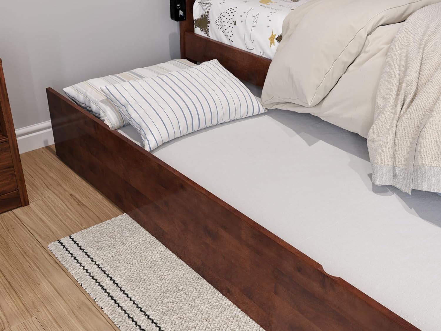 Walnut Full Platform Bed with Trundle and USB Charger