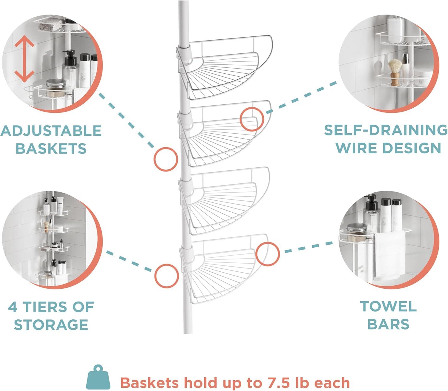 Adjustable White Metal Tension Mount Corner Shower Caddy