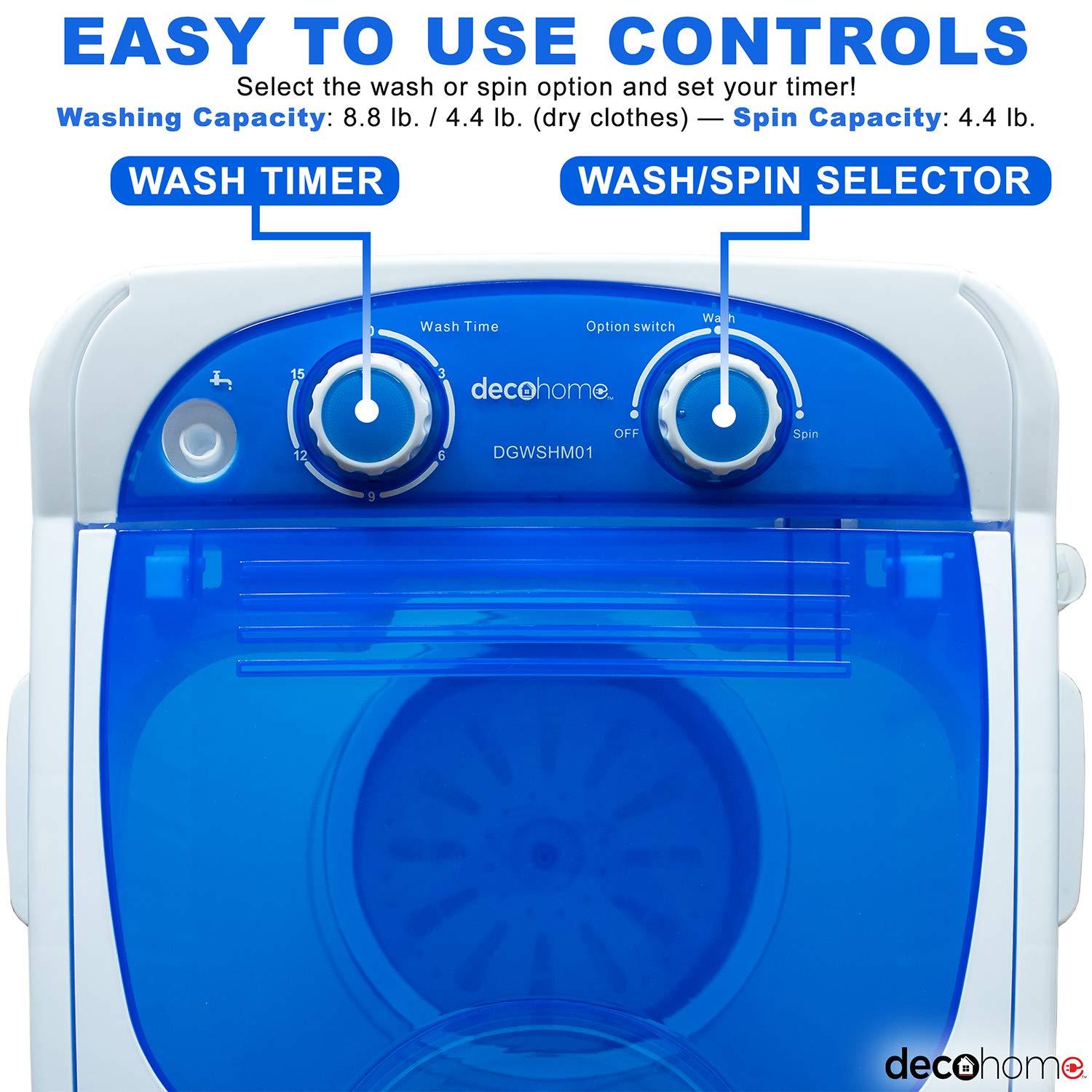 Deco Home Portable Washing Machine for Apartments, Dorms, and Tiny House with 8.8 lb Capacity, 250W Power, Wash and Spin Cycles, Includes Drainage Hose