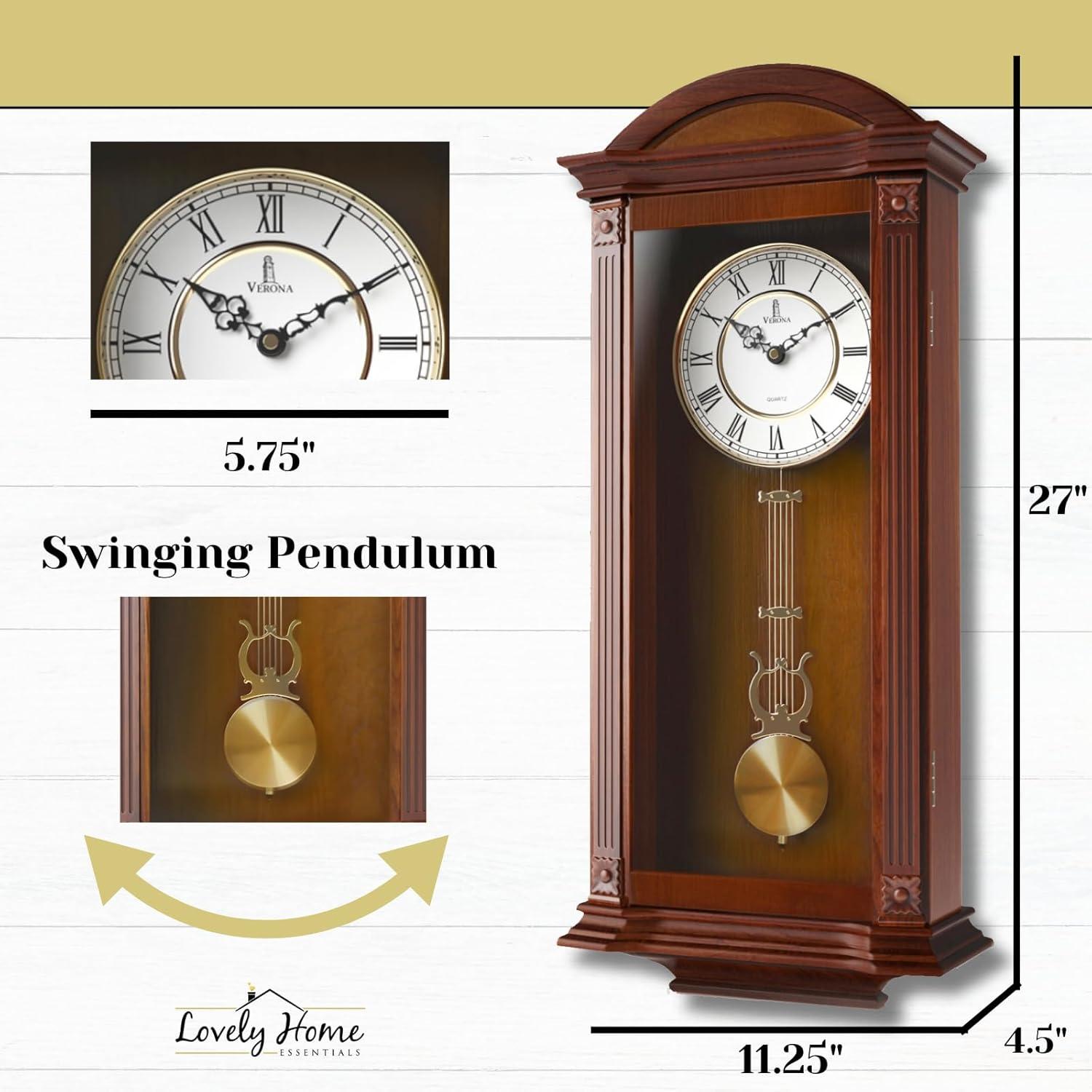 Pendulum Wall Clock Battery Operated - Large, Wooden Hanging Grandfather Wall Clock with Pendulum, 27x11 - Quiet, Made with Real Wood for Living Room Decor, Office & Home Décor Gift