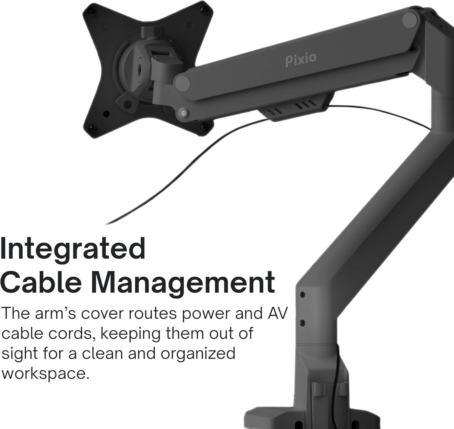 Pixio PS1S Wave Black Single Monitor Arm Stand Desk Mount - Fits up to 32 inches Monitors and up to 19.8lbs. VESA Compatibility and Integrated Cable Management