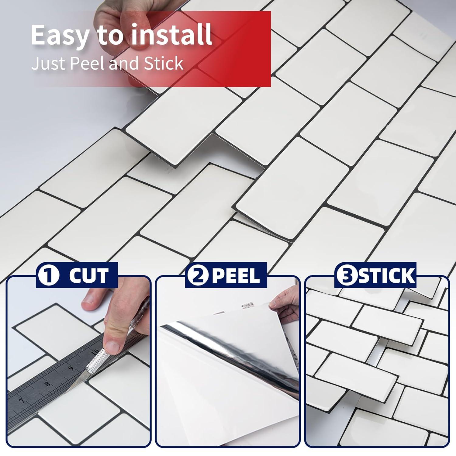 Art3d Peel and Stick Backsplash Tile, 10-Sheet Stick on Subway Tiles for Kitchem, Bathroom Back Splashes, 12"x12", Warm White with Black Grout