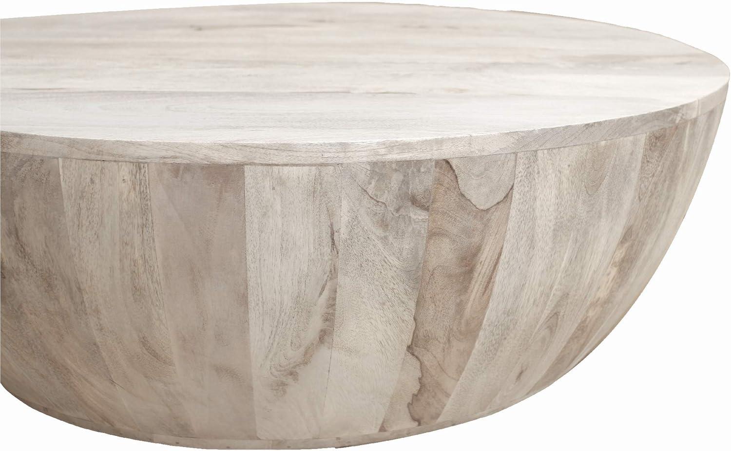 12 Inch Round Mango Wood Coffee Table, Subtle Grains, Distressed White - Saltoro Sherpi