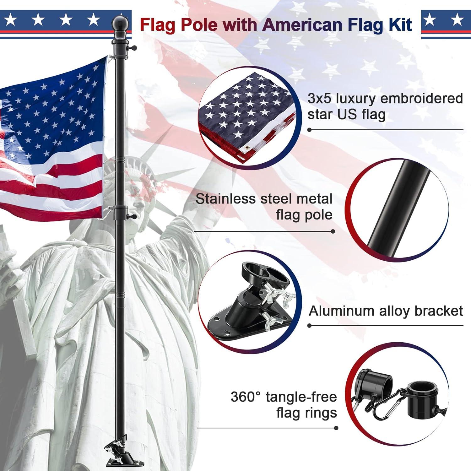 AEASKIEY 5FT Tangle Free Stainless Steel Metal Flag Pole (Black) with 3x5 Embroidered US Flag and Bracket.