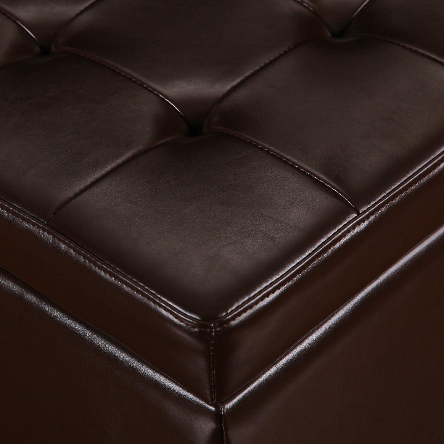 Adeco Brown Bonded Leather Square Tufted Storage Ottoman Footstool 18"