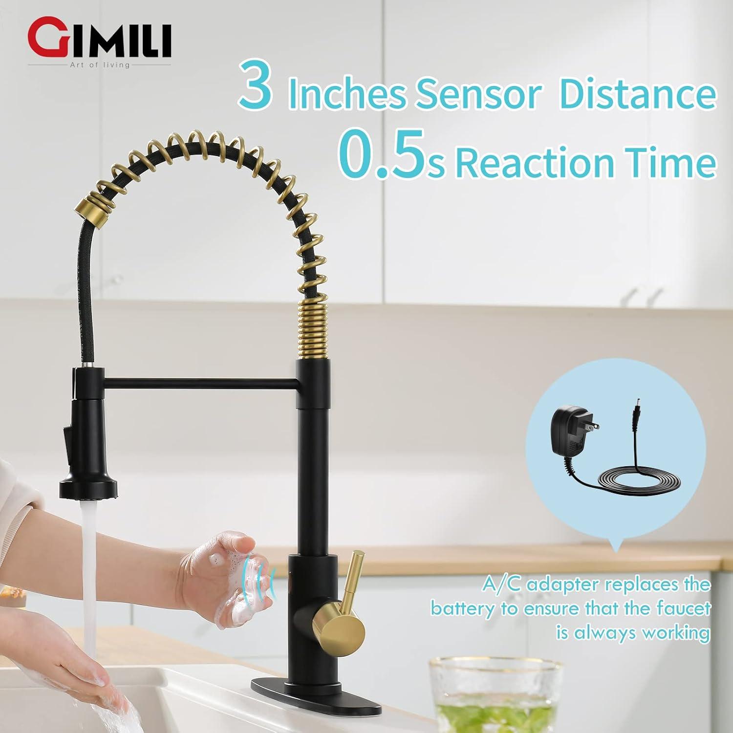 GIMILI Black and Gold Touchless Kitchen Faucet with Pull Down Sprayer Motion Sensor Smart Hands-Free Activated Single Hole Spring Faucet for Kitchen Sink