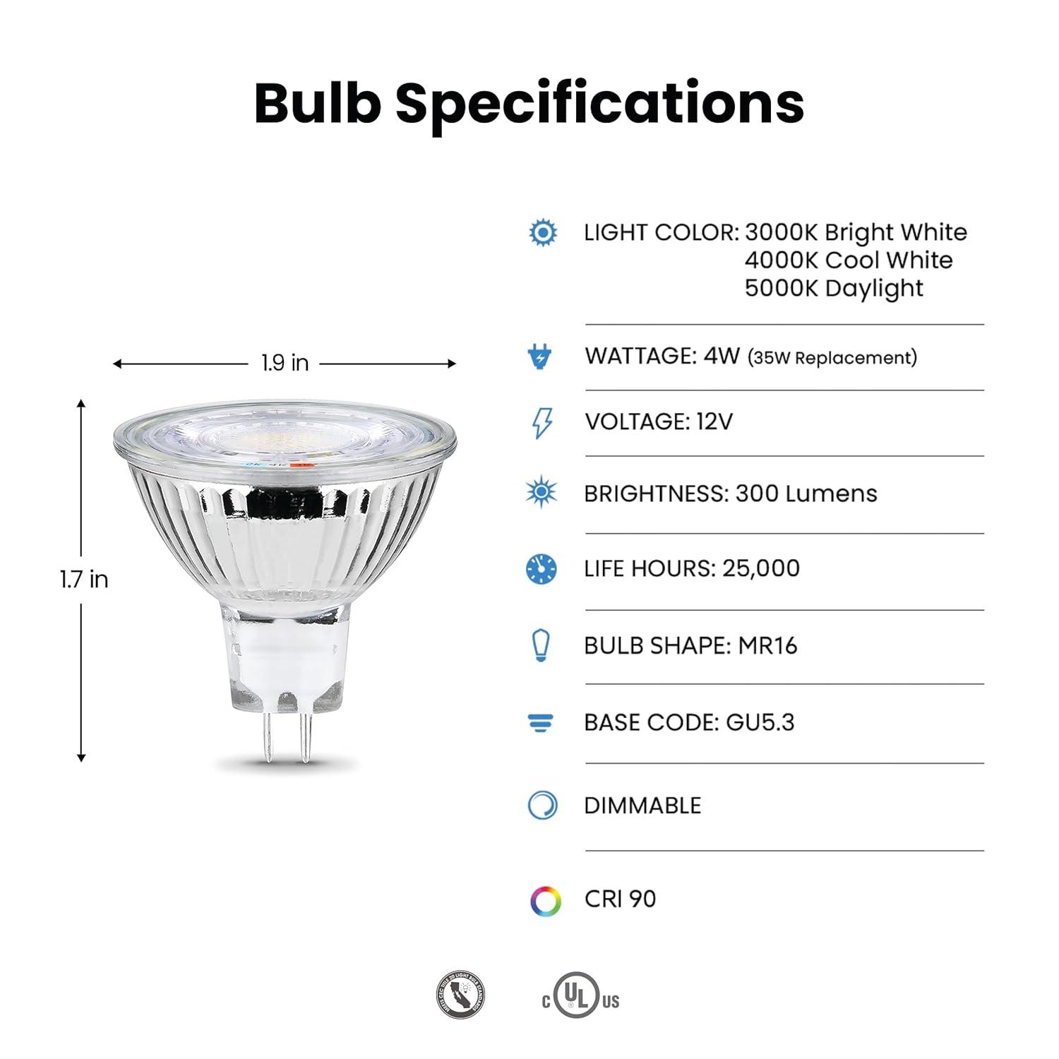 Feit Electric MR16 LED Reflector Light Bulb, 20W Equivalent, Dimmable, GU5.3 Base, 90+ CRI, 200 Lumen, Adjustable Color Temperature Track Lighting, 25,000-Hour Lifespan, BPBAB/3CCTCA/3/6, 18-Pack