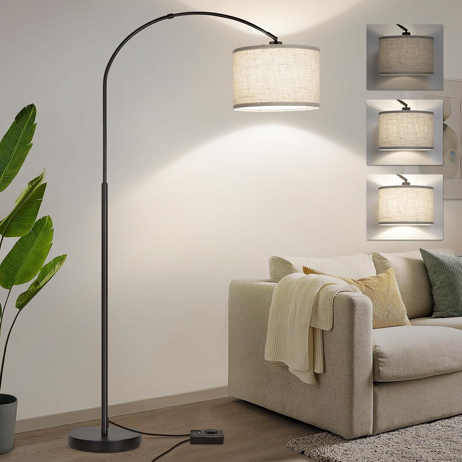 Black Adjustable Arc Floor Lamp with Beige Shade