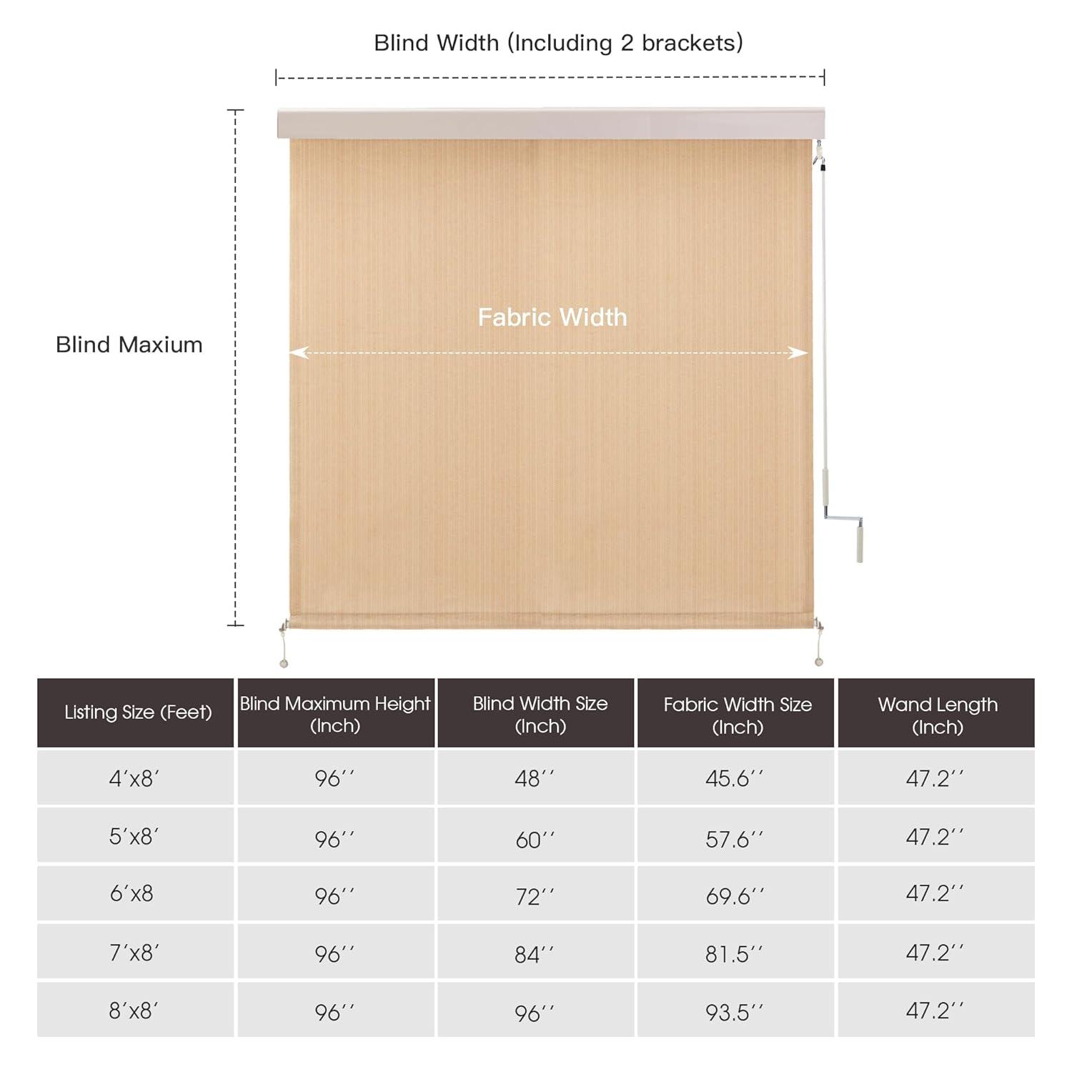 VICLLAX Outdoor Premium Roller Shades for Patio, Exterior Cordless Outdoor Blinds Porch Shades with Aluminum Valance (4' W X 8' L), Wheat