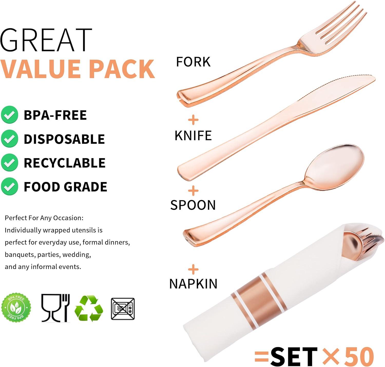 SparkSettings Rose Gold Plastic Silverware, 50 Pre Rolled Napkin and Cutlery Set