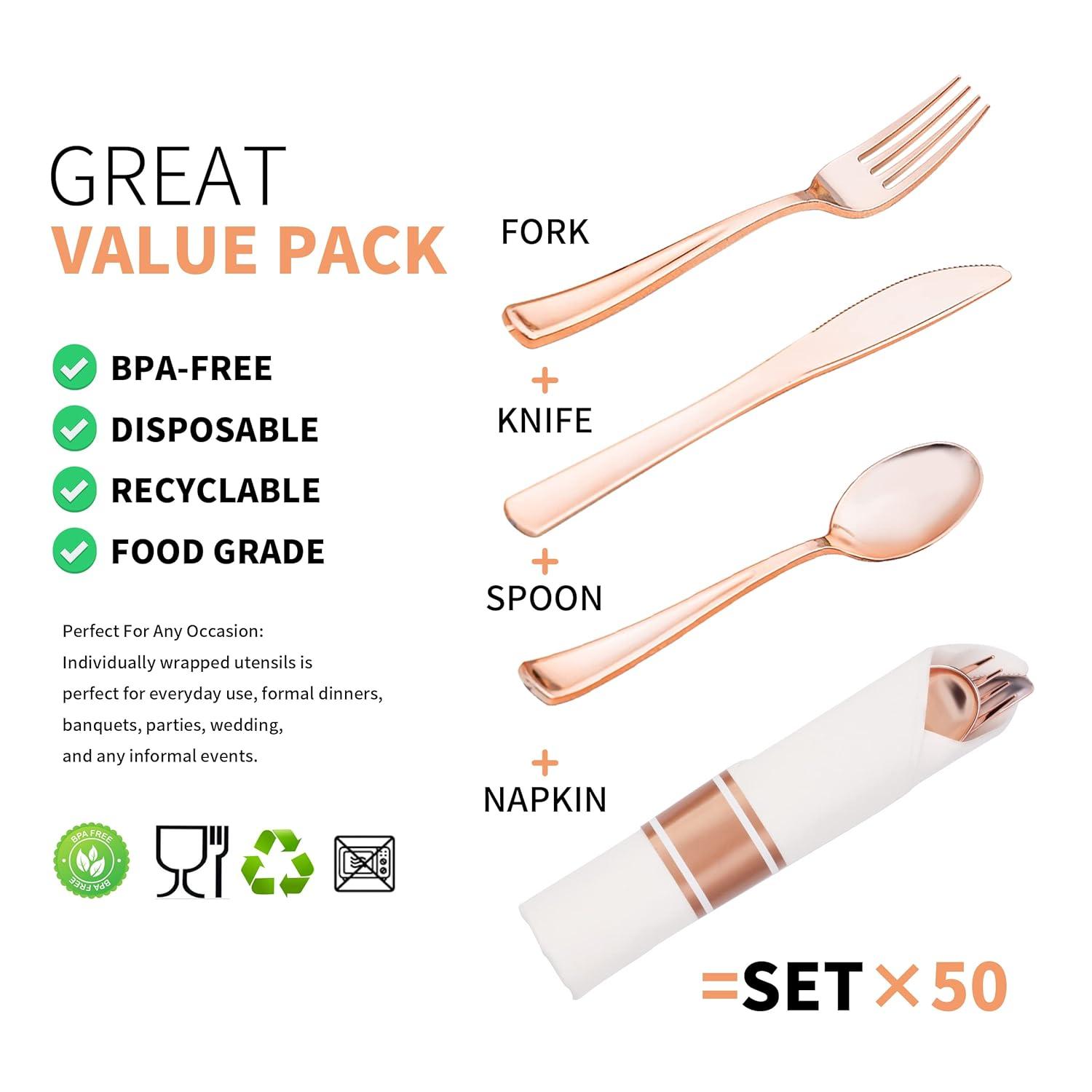 SparkSettings Rose Gold Plastic Silverware, 50 Pre Rolled Napkin and Cutlery Set