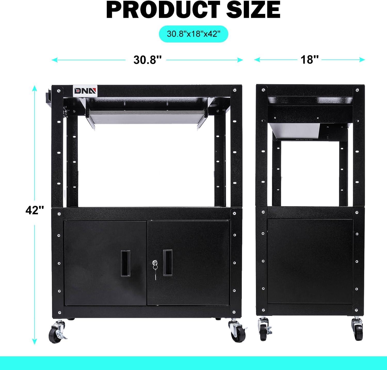 DNA Motoring TOOLS-00293 Universal 22''-42'' Height Adjustable Media Rolling AV Cart With Power Strip + 2 Locking Casters