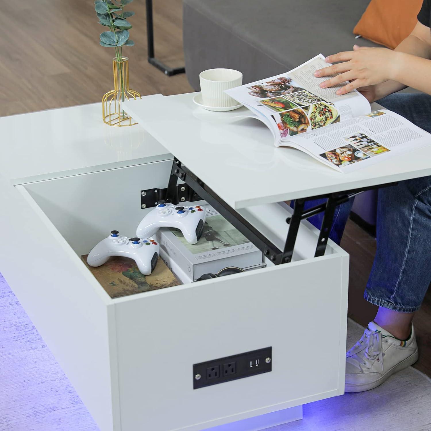 Hommpa LED Coffee Table with USB Ports and Outlets Lift Top Coffee Tables with Storage High Gloss White Rectangular Modern Center Table for Living Dining Room