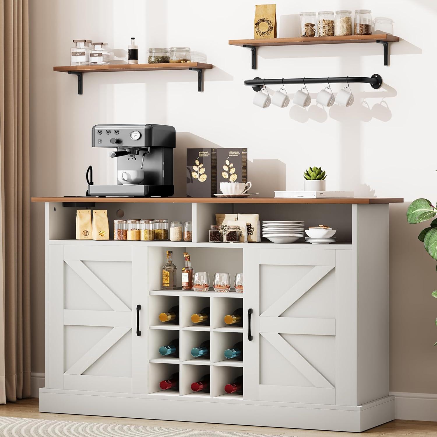 YITAHOME Sideboard Buffet Cabinet, 52" Farmhouse Coffee Bar with Power Outlet, Floating Shelves, Wine Storage for Kitchen & Living Room (White)