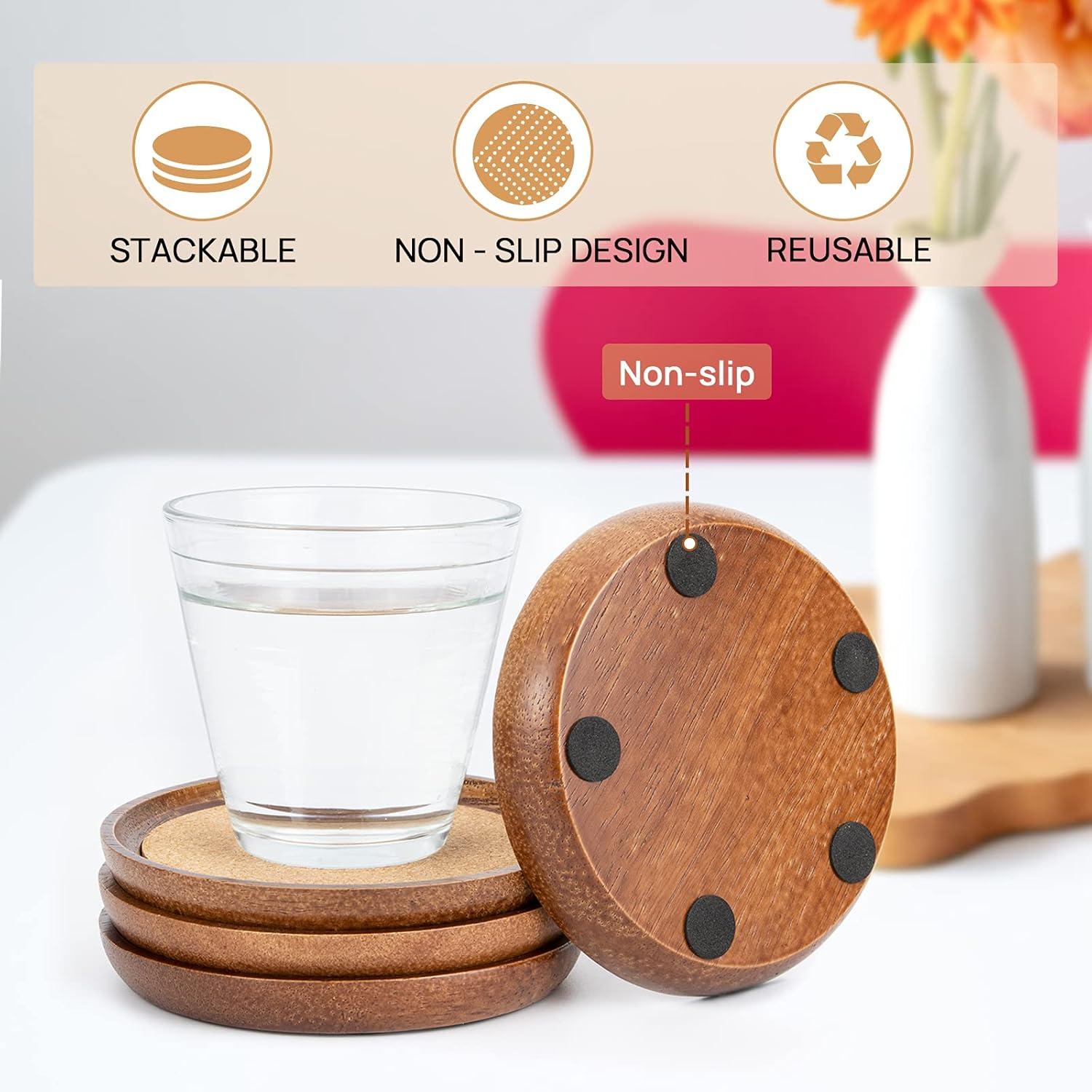 Natural Wood and Cork Round Drink Coasters Set