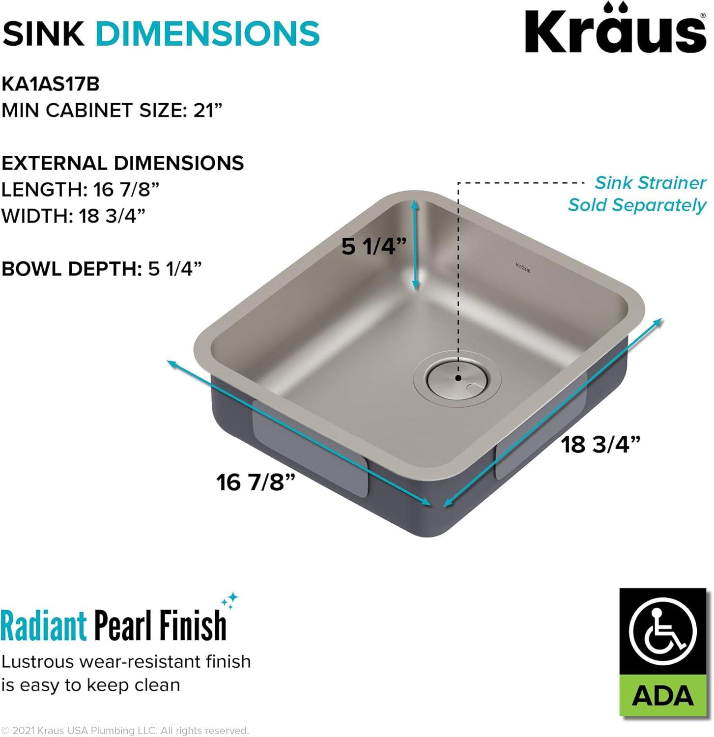 Dex™️ Series KRAUS 17" L Undermount 16 Gauge Stainless Steel Single Bowl Kitchen Sink