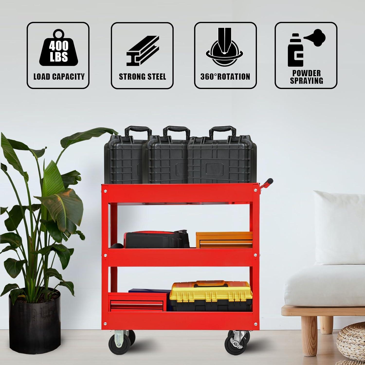 Red Heavy Duty 3-Tier Steel Utility Cart with Wheels