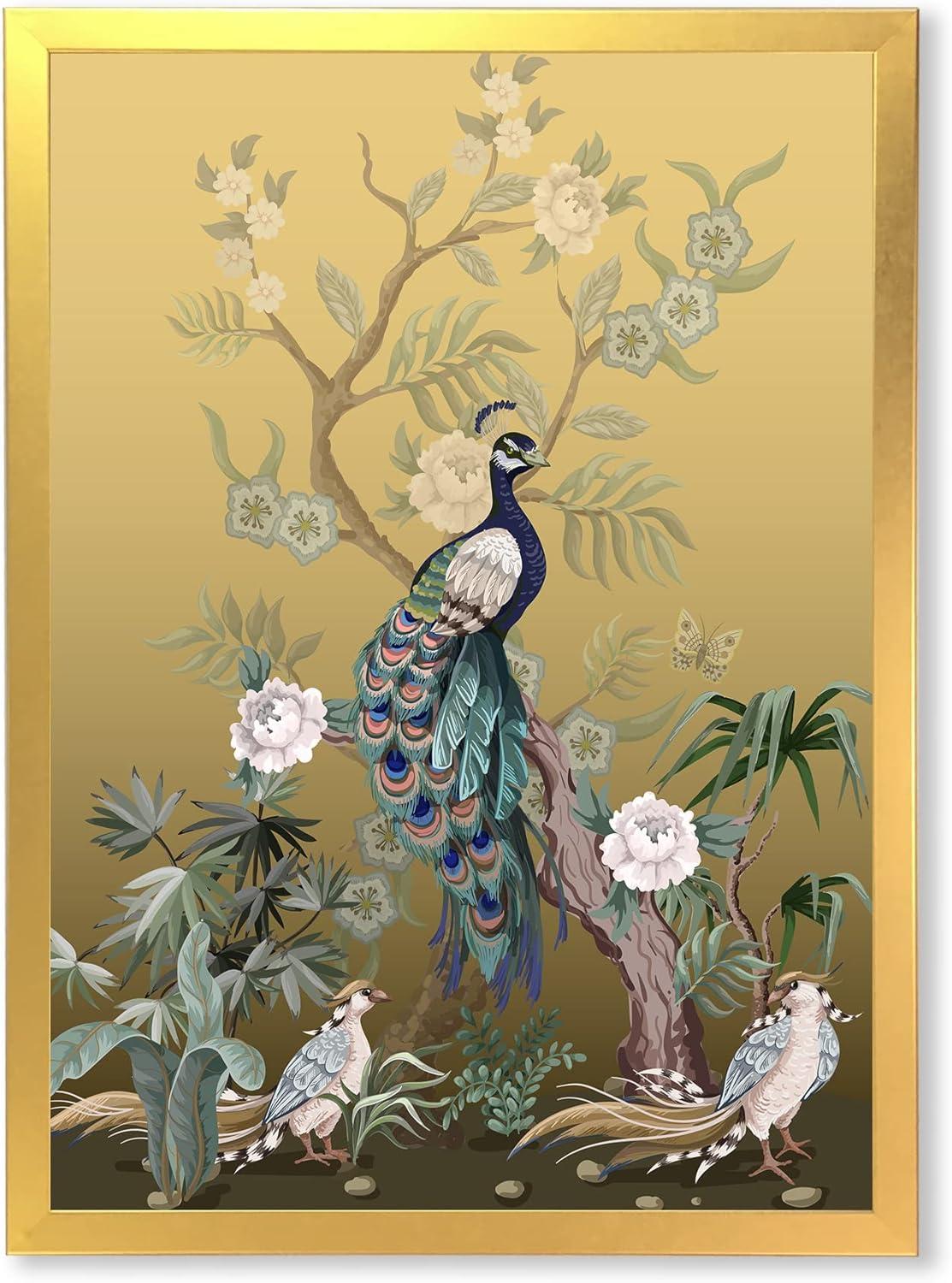 Gold Framed Chinoiserie Birds and Peonies Canvas Print