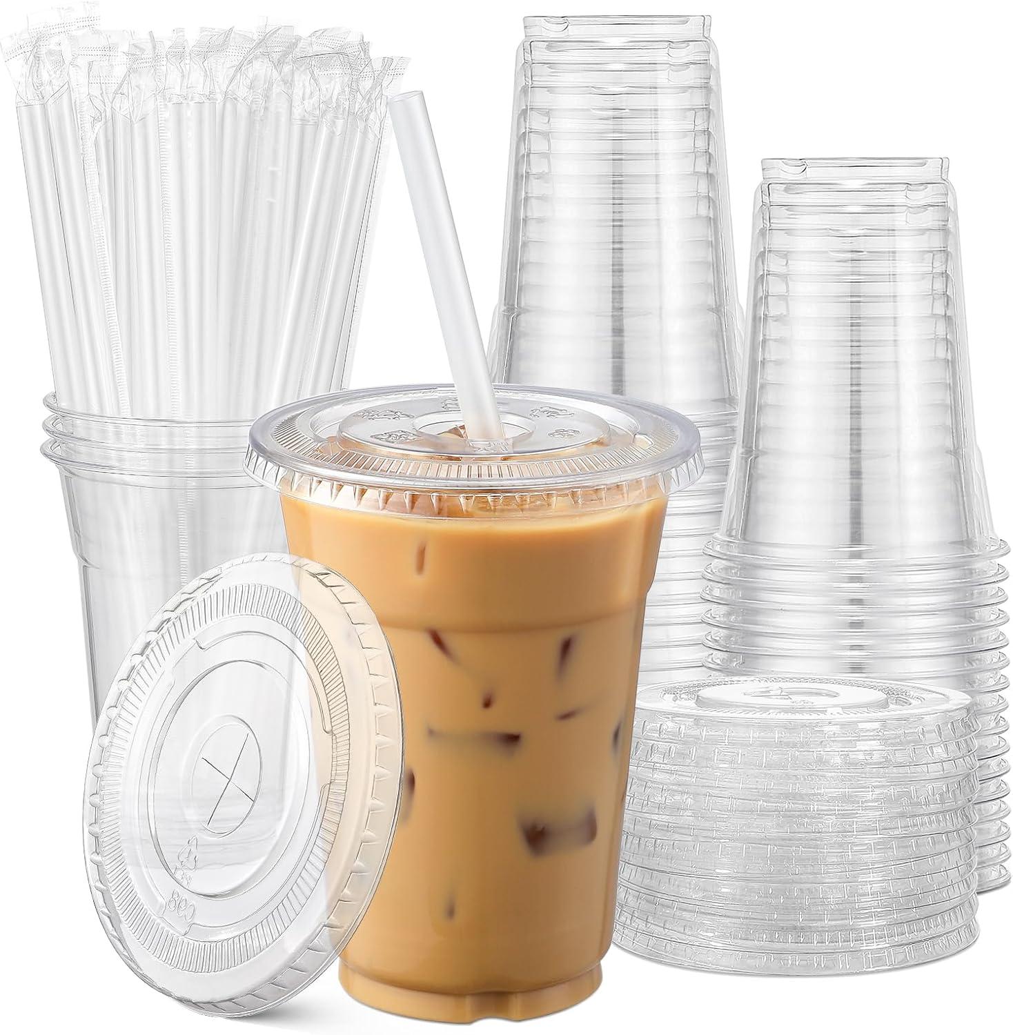 100 Pack - 16 oz Clear Plastic Cups with Lids, Sturdy & Food Safe Iced Coffee Cups with lids, Iced Coffee Cup, Disposable Cups Plastic Coffee Cups Smoothie Cups for Cold Drinks, Sip Lids